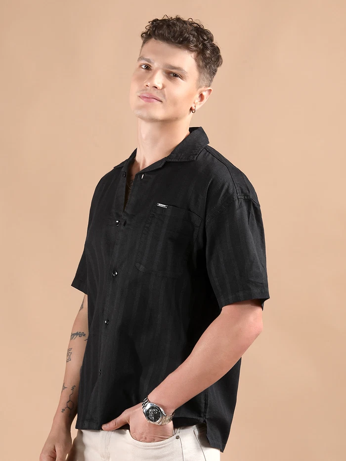 Black Half Sleeve Cuban Collar Shirt
